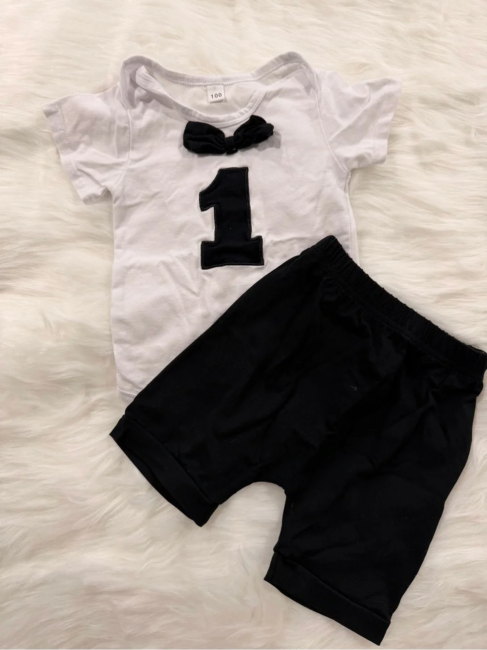 Baby 1st Birthday Bodysuit and Shorts Set in White and Black